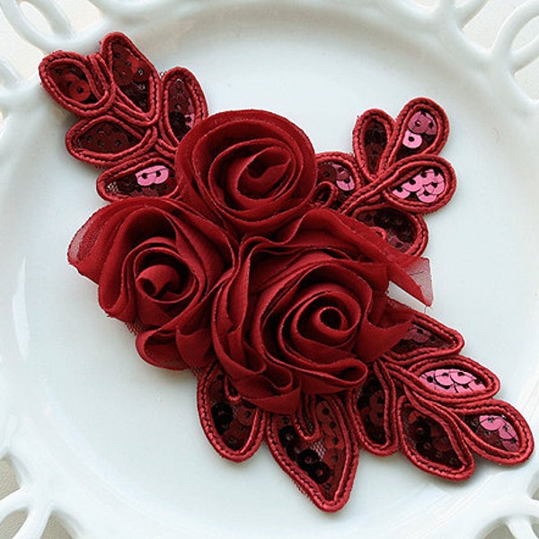 Shine 3 flower beautiful ROSE chiffon flower sequin spangle applique baby girl headband motif  8 colors (dark red)