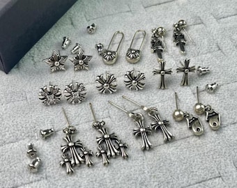 Gothic 925 Silber Kreuz Ohrringe - Punk Stern Ohrstecker & Baumeln Schmuck