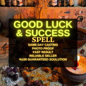 May include: A ritual setup featuring a dark bowl with a lit candle, scattered dried orange flower petals, dark purple stones, and white salt. The text reads: GOOD LUCK & SUCCESS SPELL, SAME DAY CASTING, PHOTO PROOF, FAST RESULT, RELIABLE SELLER, %100 GUARANTEED SOULUTION.