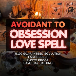 Puede incluir: Una colección de objetos rituales que incluye ramas de canela en un cuenco de cerámica, velas encendidas y tarjetas ilustradas con una abeja y un caldero. El texto dice: AVOIDANT TO OBSESSION LOVE SPELL, %100 GUARANTEED SOULUTION, FAST RESULT, PHOTO PROOF, SAME DAY CASTING.