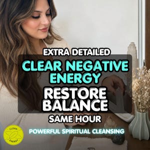 Peut inclure: Une pointe de cristal de quartz transparent, un petit plat en céramique blanche et un vase cannelé vert clair contenant des fleurs séchées. Le texte superposé indique : EXTRA DETAILED CLEAR NEGATIVE ENERGY RESTORE BALANCE SAME HOUR POWERFUL SPIRITUAL CLEANSING.