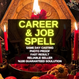 Puede incluir: Un montaje ritual con tres velas rojas y un cuenco central lleno de pétalos de rosa rojos. El texto CAREER & JOB SPELL, SAME DAY CASTING, PHOTO PROOF, FAST RESULT, RELIABLE SELLER, %100 GUARANTEED SOULUTION aparece en color amarillo brillante.
