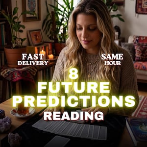 Può includere: Un mazzo di carte dei tarocchi disposto su una superficie nera con il testo FAST DELIVERY SAME HOUR 8 FUTURE PREDICTIONS READING sovrapposto in bianco e giallo. Le carte sono rettangolari con un motivo sul retro, disposte a ventaglio.