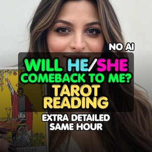 Op de afbeelding: Een tarotkaart met de afbeelding van De Magiër en de tekst NO AI, WILL HE/SHE COMEBACK TO ME? TAROT READING en EXTRA DETAILED SAME HOUR. De kaart toont een figuur in een rode mantel die een witte staf vasthoudt bij een tafel met voorwerpen.
