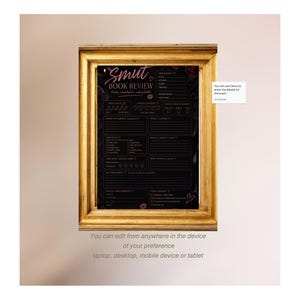 May include: A black digital book review template titled Smut Book Review displayed inside a gold-colored rectangular frame. The template features sections for book details, star ratings, and written notes, with pink heart and lip icons throughout.