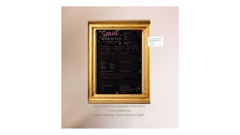 May include: A black digital book review template titled Smut Book Review displayed inside a gold-colored rectangular frame. The template features sections for book details, star ratings, and written notes, with pink heart and lip icons throughout.