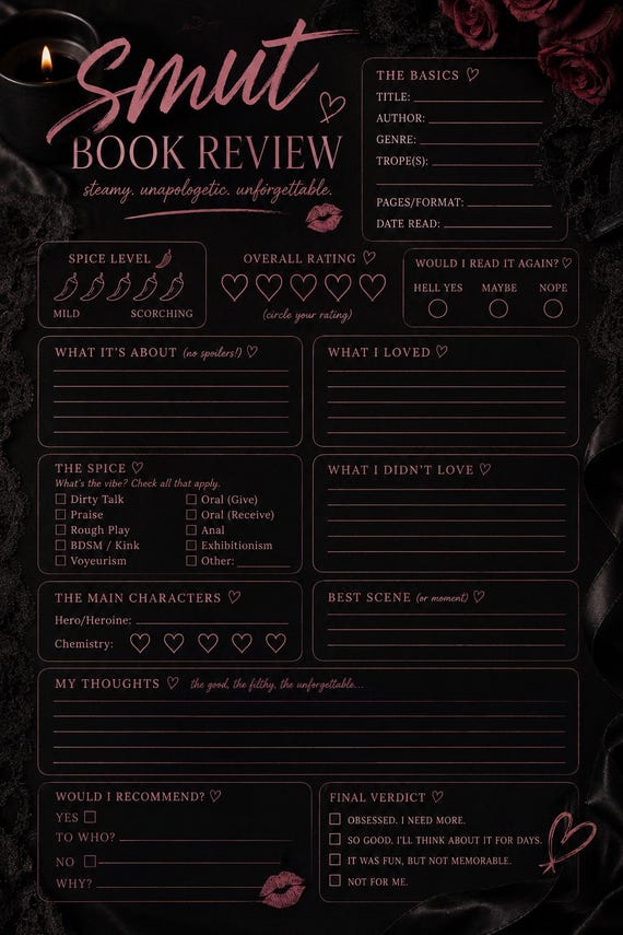 Smut Book Review Template | Romance Reading Journal (Digital Download)