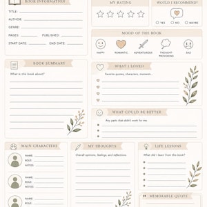 May include: A beige book review planner page featuring sections for book information, ratings, summary, characters, thoughts, and life lessons. The layout includes botanical illustrations, star icons, and the text BOOK REVIEW, Every book is a new adventure.