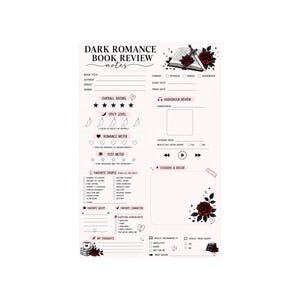 May include: A pale pink book review template titled Dark Romance Book Review Notes. The page features sections for book details, ratings, spicy level, romance meter, plot meter, favorite tropes, and a space for stickers and decor with rose graphics.