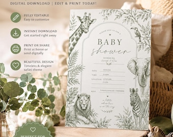 Invito per baby shower a tema safari, animali della giungla modificabili, tema neutro (download digitale)