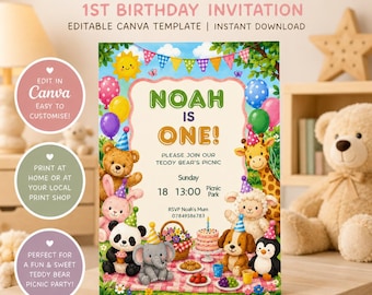Teddy Bear Picnic 1st Birthday Invitation | Editable Woodland Animals Canva Template (Instant Download)