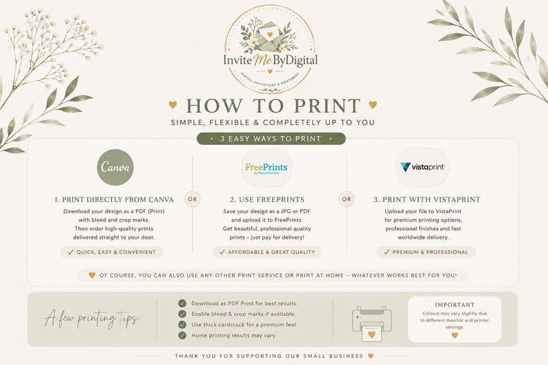 Pu&ograve; includere: Un grafico informativo intitolato HOW TO PRINT di Invite Me By Digital, che illustra tre metodi per stampare file digitali utilizzando Canva, FreePrints o Vistaprint. Lo sfondo beige presenta illustrazioni botaniche e suggerimenti per la stampa.