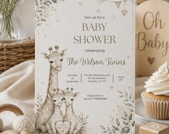 Invito per baby shower gemellare / Safari con giraffe in stile neutro (download digitale)