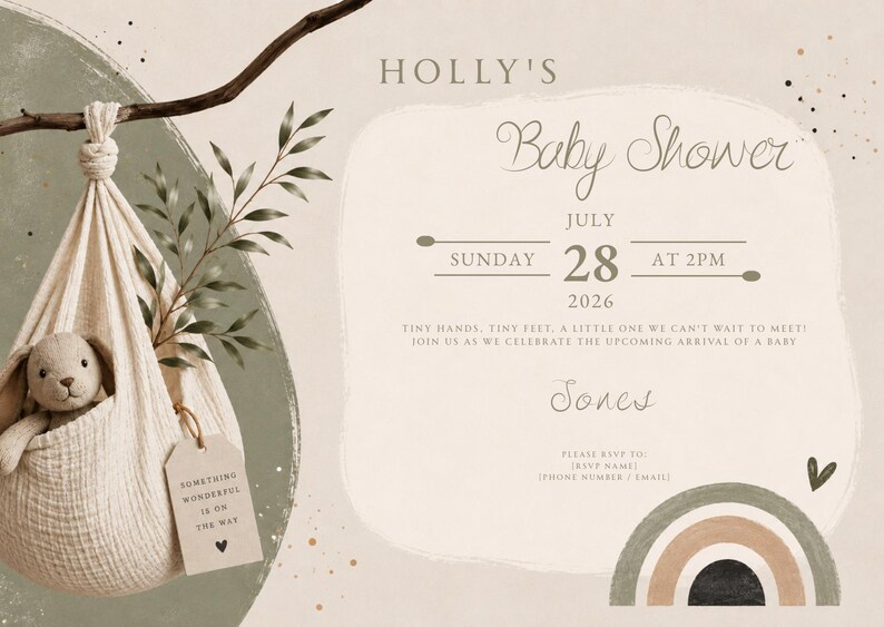 Pu&ograve; includere: Un invito per baby shower con una culla sospesa in tessuto beige, un coniglietto di peluche, un ramo verde e un arcobaleno. Il testo include Holly's Baby Shower, Sunday July 28 2026 at 2pm, Jones e Something Wonderful Is On The Way.