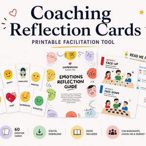 May include: Coaching Reflection Cards printable facilitation tool set featuring an Emotions Reflection Guide, 60 emotion cards with illustrated faces and labels like Angry, Happy, and Sad, plus instruction cards for face-up and face-down methods.
