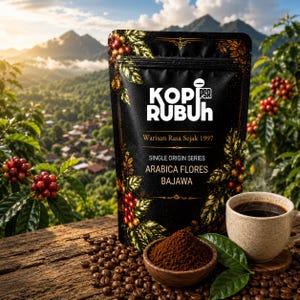 May include: A black coffee pouch labelled KOPI RUBUH with the text Warisan Rasa Sejak 1997, SINGLE ORIGIN SERIES, ARABICA FLORES BAJAWA. The pouch features coffee cherry illustrations, accompanied by a wooden bowl of coffee grounds and a ceramic cup.