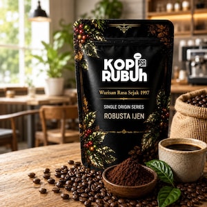 May include: A black coffee pouch labeled KOPI RUBUH with gold text reading Warisan Rasa Sejak 1997, SINGLE ORIGIN SERIES, and ROBUSTA IJEN. The bag features illustrations of coffee cherries and leaves, accompanied by coffee beans and ground coffee.