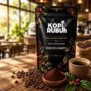 May include: A black coffee pouch labeled KOPI RUBUH with text Warisan Rasa Sejak 1997, SINGLE ORIGIN SERIES, and ROBUSTA DAMPIT. The pouch features coffee cherry illustrations, accompanied by a wooden bowl of ground coffee and a ceramic mug of black coffee.