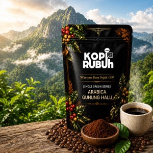 Könnte beinhalten: Ein schwarzer Kaffeebeutel mit der Aufschrift KOPI RUBUH und dem Text Warisan Rasa Sejak 1997, SINGLE ORIGIN SERIES, ARABICA GUNUNG HALU. Der Beutel zeigt Kaffeekirschen-Illustrationen, dazu eine kleine Schale mit Kaffeepulver und eine Tasse Kaffee.