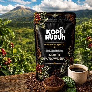 Pode incluir: Uma embalagem de café preta rotulada como KOPI RUBUH Warisan Rasa Sejak 1997 Single Origin Series Arabica Papua Wamena. A embalagem apresenta ilustrações de cerejas de café e folhas. Uma pequena tigela de madeira com café moído está à frente.