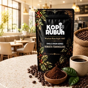 Könnte beinhalten: Ein schwarzer Kaffeebeutel mit der Aufschrift KOPI RUBUH sowie dem Text Warisan Rasa Sejak 1997 und ROBUSTA TEMANGGUNG. Der Beutel zeigt Kaffeekirschen-Illustrationen, ergänzt durch eine kleine Holzschale mit Kaffeepulver, eine Tasse und Bohnen.