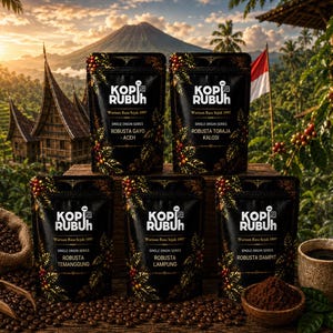 Op de afbeelding: Vijf zwarte koffiezakjes met het label KOPI RUBUH met tekst waaronder ROBUSTA GAYO ACEH, ROBUSTA TORAJA KALOSI, ROBUSTA TEMANGGUNG, ROBUSTA LAMPUNG en ROBUSTA DAMPIT. De zakjes hebben gouden bladpatronen en zijn omringd door koffiebonen.