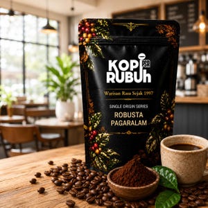 Op de afbeelding: Een zwarte koffiezak met het label KOPI RUBUH en gouden illustraties van koffiebessen. De tekst luidt Warisan Rasa Sejak 1997, SINGLE ORIGIN SERIES en ROBUSTA PAGARALAM. Een houten kom met gemalen koffie en een mok zwarte koffie staan ernaast.