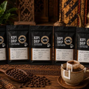 Może przedstawiać: Pięć czarnych torebek do kawy przelewowej z etykietą Kopi Drip i białymi naklejkami wyszczególniającymi odmiany Arabica Gayo, Mandheling, Sidikalang, Toraja Kalosi i Toraja Sapan. Drewniana łopatka z ziarnami kawy leży obok ceramicznego kubka.