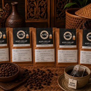 Può includere: Cinque bustine di carta marrone di caffè Kopi Celup etichettate Arabica Gayo, Mandheling, Flores Bajawa, Toraja Kalosi e Papua Wamena. Una piccola ciotola di legno con chicchi di caffè tostati e una tazza in ceramica con bustina sono davanti.