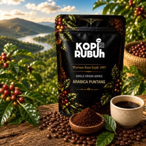 Könnte beinhalten: Ein schwarzer Kaffeebeutel mit der Aufschrift KOPI RUBUH sowie dem Text Warisan Rasa Sejak 1997, SINGLE ORIGIN SERIES und ARABICA PUNTANG. Der Beutel zeigt botanische Illustrationen von Kaffeekirschen und liegt zwischen Kaffeebohnen und einer Tasse.