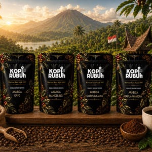 Puede incluir: Cuatro bolsas negras de café Kopi Rubuh etiquetadas como Arabica Gayo, Mandeling, Flores Bajawa y Papua Wamena. Cada bolsa muestra el logotipo de la marca y texto. Un saco de arpillera, una pala de madera y una taza de café están presentes.