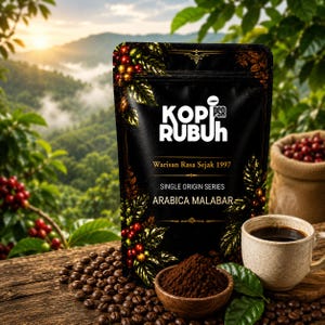 Könnte beinhalten: Ein schwarzer Kaffeebeutel mit der Aufschrift KOPI RUBUH sowie dem Text Warisan Rasa Sejak 1997, SINGLE ORIGIN SERIES und ARABICA MALABAR. Der Beutel zeigt goldene und grüne Kaffeepflanzen-Illustrationen und ist von Kaffeebohnen umgeben.