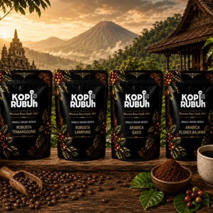 Könnte beinhalten: Vier schwarze Kaffeebeutel mit der Aufschrift KOPI RUBUH und Texten wie Robusta Temanggung, Robusta Lampung, Arabica Gayo und Arabica Flores Bajawa. Die Beutel stehen auf einer Holzoberfläche mit Kaffeebohnen, einer Schaufel und einer Kaffeetasse.