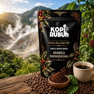 Könnte beinhalten: Ein schwarzer Kaffeebeutel mit der Aufschrift KOPI RUBUH sowie dem Text Warisan Rasa Sejak 1997, SINGLE ORIGIN SERIES und ARABICA PAPANDAYAN. Der Beutel zeigt goldene Illustrationen von Kaffeekirschen und Blättern sowie eine Schale Kaffeepulver.