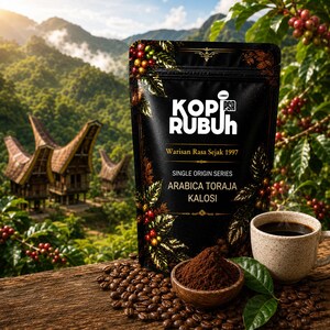 Könnte beinhalten: Ein schwarzer Kaffeebeutel mit der Aufschrift KOPI RUBUH sowie dem Text Warisan Rasa Sejak 1997 und ARABICA TORAJA KALOSI. Der Beutel zeigt goldene Illustrationen von Kaffeekirschen und Blättern, dazu eine kleine Schale mit Kaffeepulver und eine Tasse.
