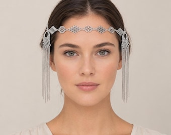 Silver Tone Boho Forehead Chain, Filigree Tassel Headpiece, Adjustable Bridal Statement Accessory