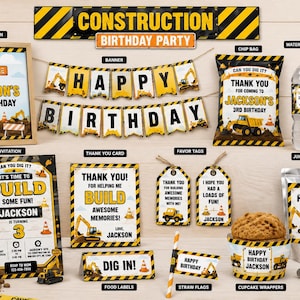 May include: A construction-themed birthday party set featuring a welcome sign, banner, chip bag, water bottle label, cupcake toppers, invitation, thank you card, favor tags, food labels, straw flags, and cupcake wrappers with yellow and black graphics.