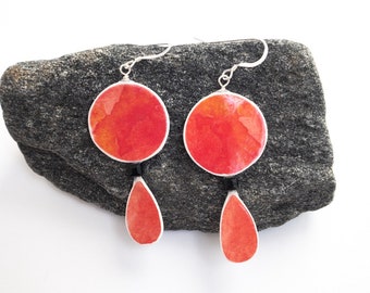 Round Coral Earrings with Onyx Bead, Original Watercolor Jewelry, Lightweight Paper Earrings, One Year Anniversary