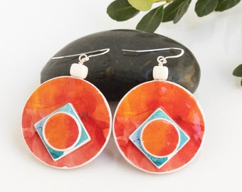 Large Orange and Blue Circle Statement Earrings, White Cube Glass Bead, Sterling Silver Ear Wire, Lightweight Earrings, One Year Anniversary
