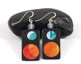 Colorful "Sun and Earth" Earrings, Original Art, Recycled Paper, Dyed Jade, Sterling Silver Ear Wire, One Year Anniversary