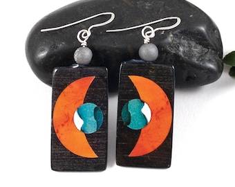 Lightweight Abstract Moon and Earth Earrings with Gray Druzy Beads, Sterling Silver Ear Wire, One Year Anniversary