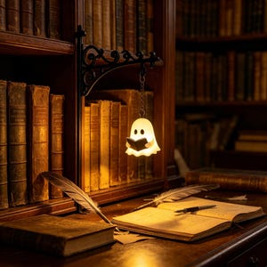 May include: A small, glowing, white ghost-shaped lamp holding a book, suspended by a silver chain from a black ornate metal wall bracket. The lamp emits a warm light, positioned in front of a wooden bookshelf filled with antique books and a desk.