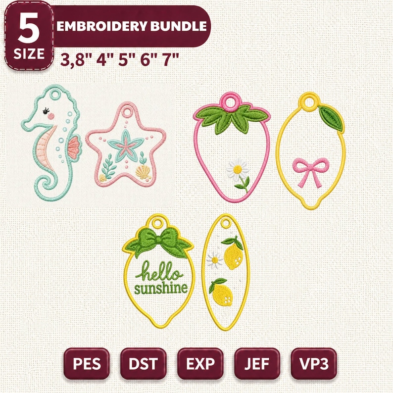 May include: An embroidery bundle featuring six designs including a seahorse, starfish, strawberry, lemon, and lemon-shaped tags with the text hello sunshine. The designs are available in 3.8, 4, 5, 6, and 7 inch sizes and compatible with PES, DST, EXP, JEF, and VP3 formats.