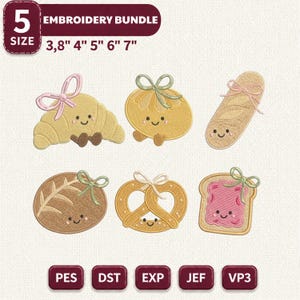 Coquette Kawaii Bäckerei Stickmuster-Bundle, Niedliche Brotgebäck-Maschinendateien, Croissant-Brezel-Toast-Stickmuster PES DST EXP