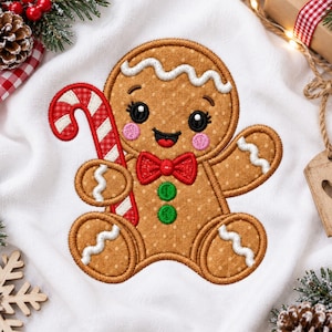 May include: An embroidered gingerbread person patch featuring a light brown body with white polka dots, a red bow tie, two green buttons, and white icing accents. The character holds a red and white striped candy cane and has a smiling face.