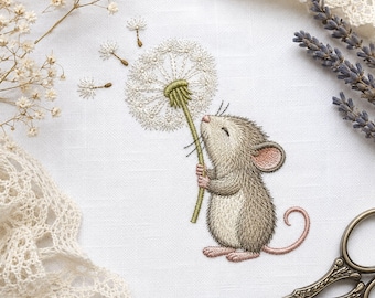 Tiny Mouse Holding Dandelion Embroidery Design, Woodland Autumn Animal Machine File for Nursery Decor PES DST JEF