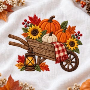 May include: A white fabric featuring an embroidered design of a brown wooden wheelbarrow filled with orange and white pumpkins, yellow sunflowers, red berries, and autumn leaves. A red and white checkered cloth and a lantern are also included.