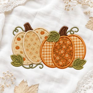 May include: An embroidered patch featuring two pumpkins side by side. The left pumpkin is light beige with a floral pattern and small pumpkin icons. The right pumpkin is orange with a gingham check pattern and a central floral section. Green leaves and vines.