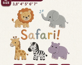 Safari Animals Baby Embroidery Bundle, Cute Jungle Zoo Machine File, Lion Elephant Giraffe Zebra Hippo Pattern, Gift For Kid