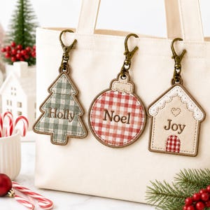 In The Hoop Christmas Name Tag Embroidery File,  Gingham Tree Keychain Design, Holiday Stocking Stuffer Pattern, DIY Backpack Charm Gift